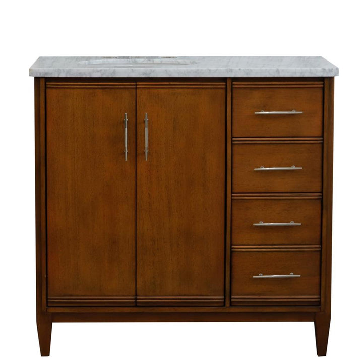 Bellaterra MCM 37" Single Vanity, Walnut, White Carrara Marble Top/Oval Sink, Left Door/Left Sink