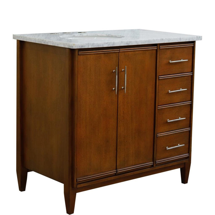 Bellaterra MCM 37" Single Vanity, Walnut, White Carrara Marble Top/Oval Sink, Left Door/Left Sink