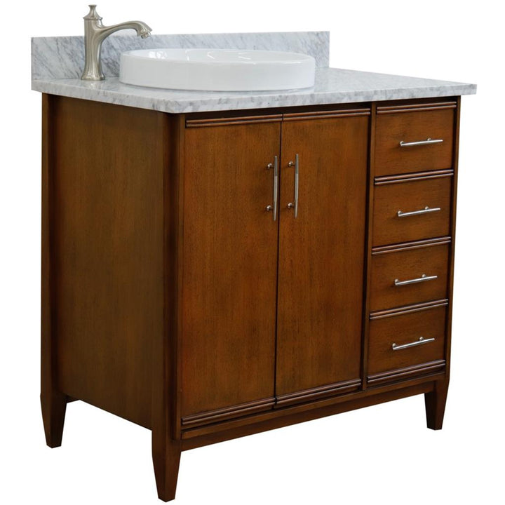 Bellaterra MCM 37" Single Vanity, Walnut, White Carrara Marble Top/Round Sink, Left Door/Left Sink