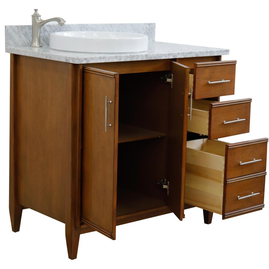 Bellaterra MCM 37" Single Vanity, Walnut, White Carrara Marble Top/Round Sink, Left Door/Left Sink