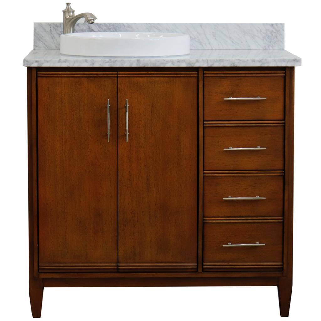 Bellaterra MCM 37" Single Vanity, Walnut, White Carrara Marble Top/Round Sink, Left Door/Left Sink