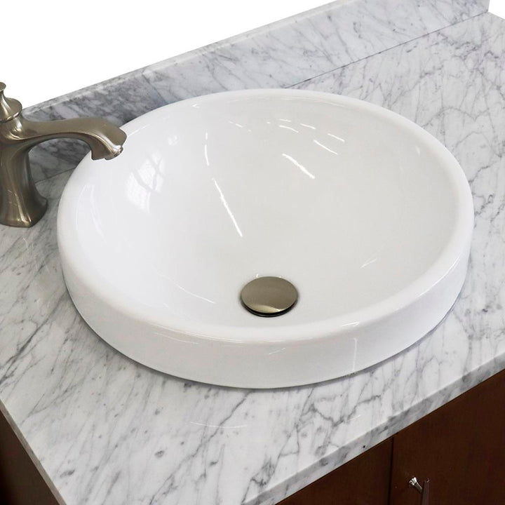 Bellaterra MCM 37" Single Vanity, Walnut, White Carrara Marble Top/Round Sink, Left Door/Left Sink