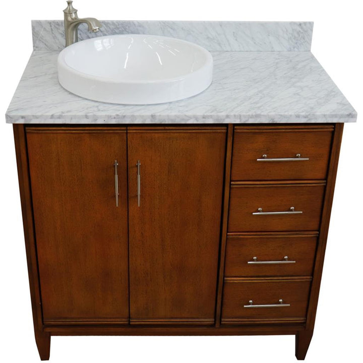 Bellaterra MCM 37" Single Vanity, Walnut, White Carrara Marble Top/Round Sink, Left Door/Left Sink