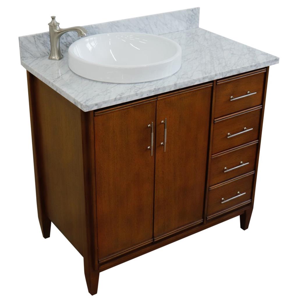 Bellaterra MCM 37" Single Vanity, Walnut, White Carrara Marble Top/Round Sink, Left Door/Left Sink