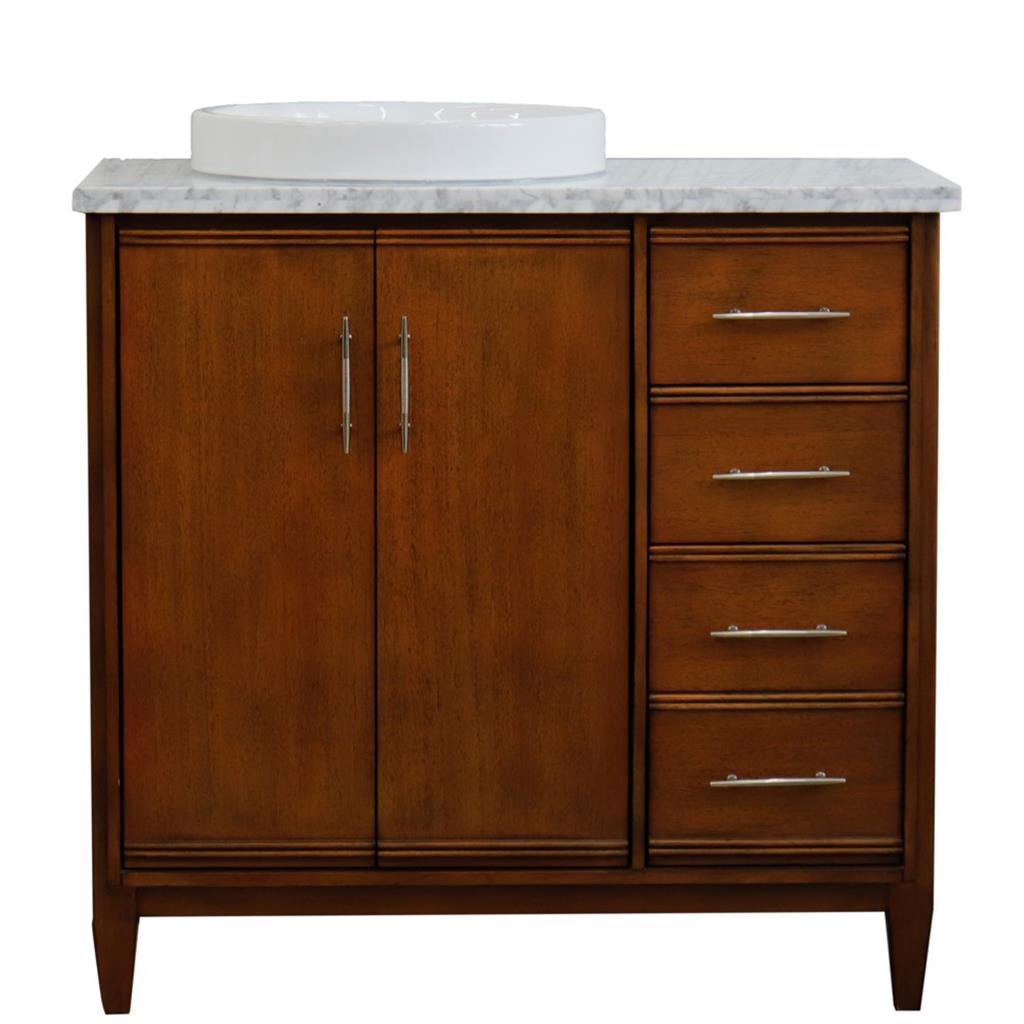 Bellaterra MCM 37" Single Vanity, Walnut, White Carrara Marble Top/Round Sink, Left Door/Left Sink