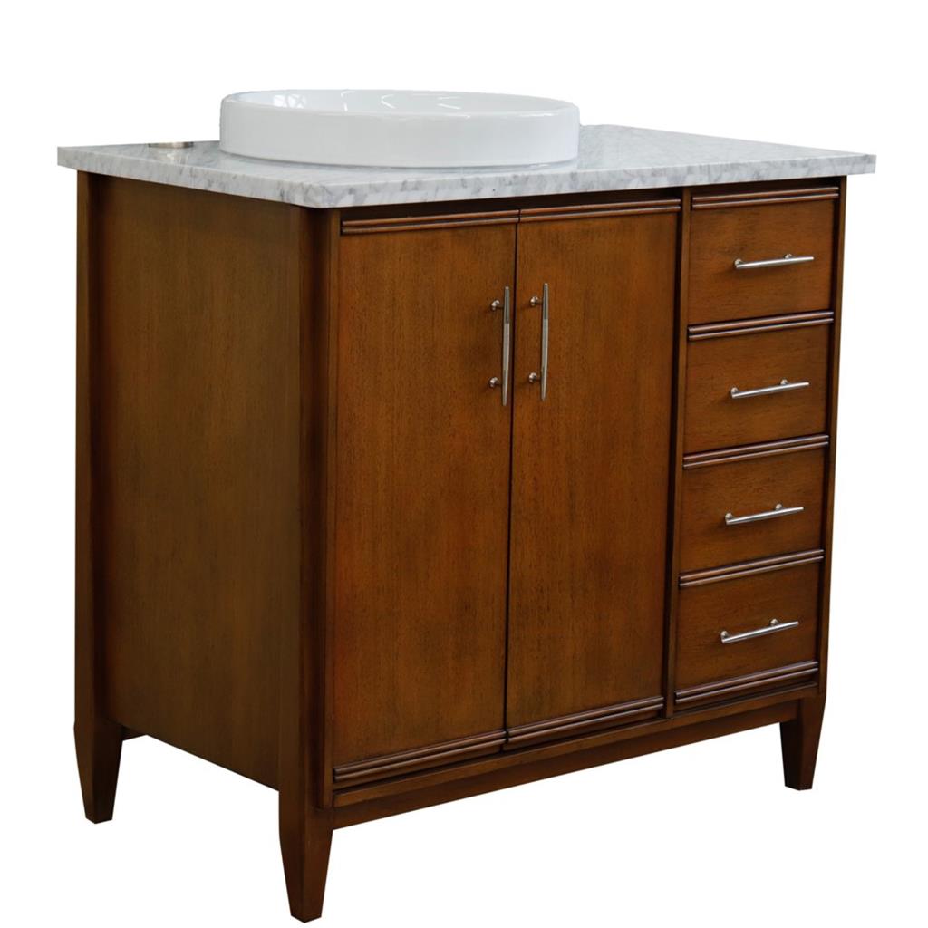 Bellaterra MCM 37" Single Vanity, Walnut, White Carrara Marble Top/Round Sink, Left Door/Left Sink