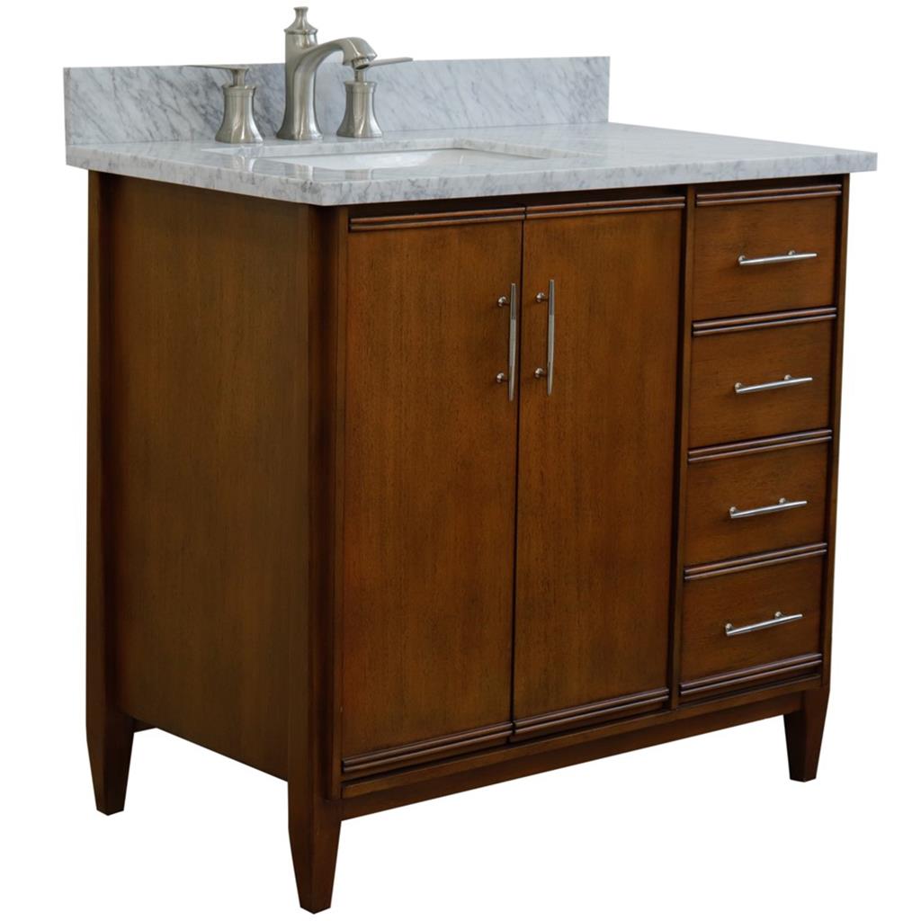 Bellaterra MCM 37" Single Vanity, Walnut, White Carrara Marble Top/Rectangle Sink, Left Door/Left Sink