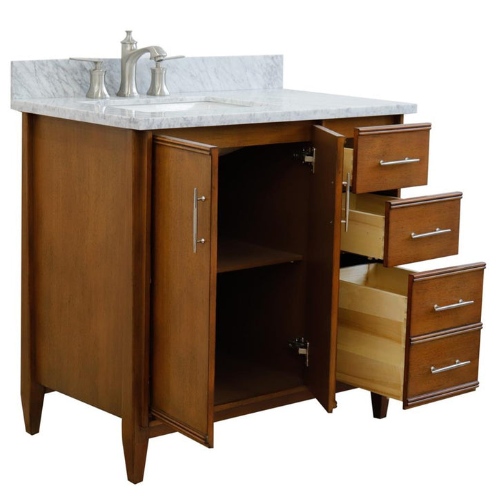 Bellaterra MCM 37" Single Vanity, Walnut, White Carrara Marble Top/Rectangle Sink, Left Door/Left Sink