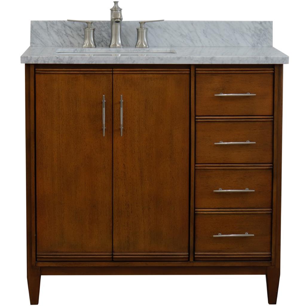 Bellaterra MCM 37" Single Vanity, Walnut, White Carrara Marble Top/Rectangle Sink, Left Door/Left Sink