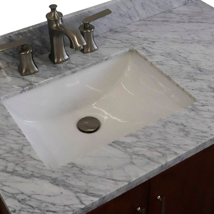 Bellaterra MCM 37" Single Vanity, Walnut, White Carrara Marble Top/Rectangle Sink, Left Door/Left Sink