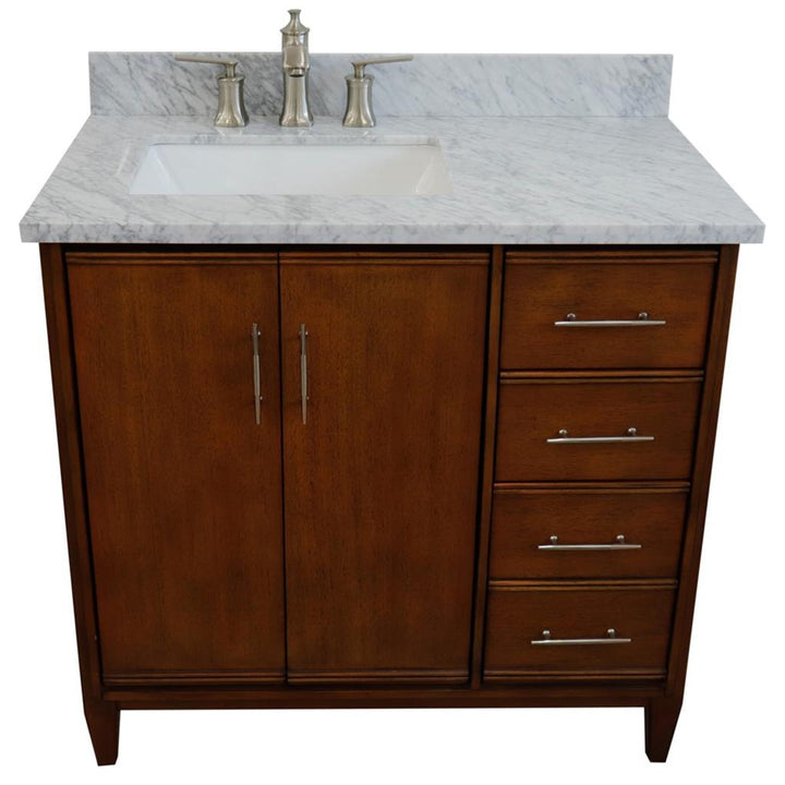 Bellaterra MCM 37" Single Vanity, Walnut, White Carrara Marble Top/Rectangle Sink, Left Door/Left Sink