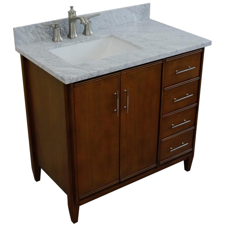 Bellaterra MCM 37" Single Vanity, Walnut, White Carrara Marble Top/Rectangle Sink, Left Door/Left Sink