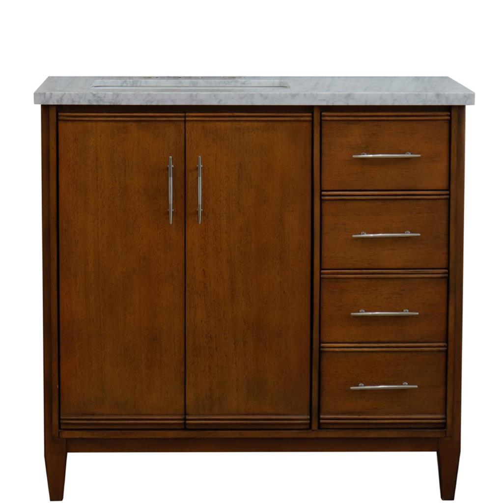 Bellaterra MCM 37" Single Vanity, Walnut, White Carrara Marble Top/Rectangle Sink, Left Door/Left Sink