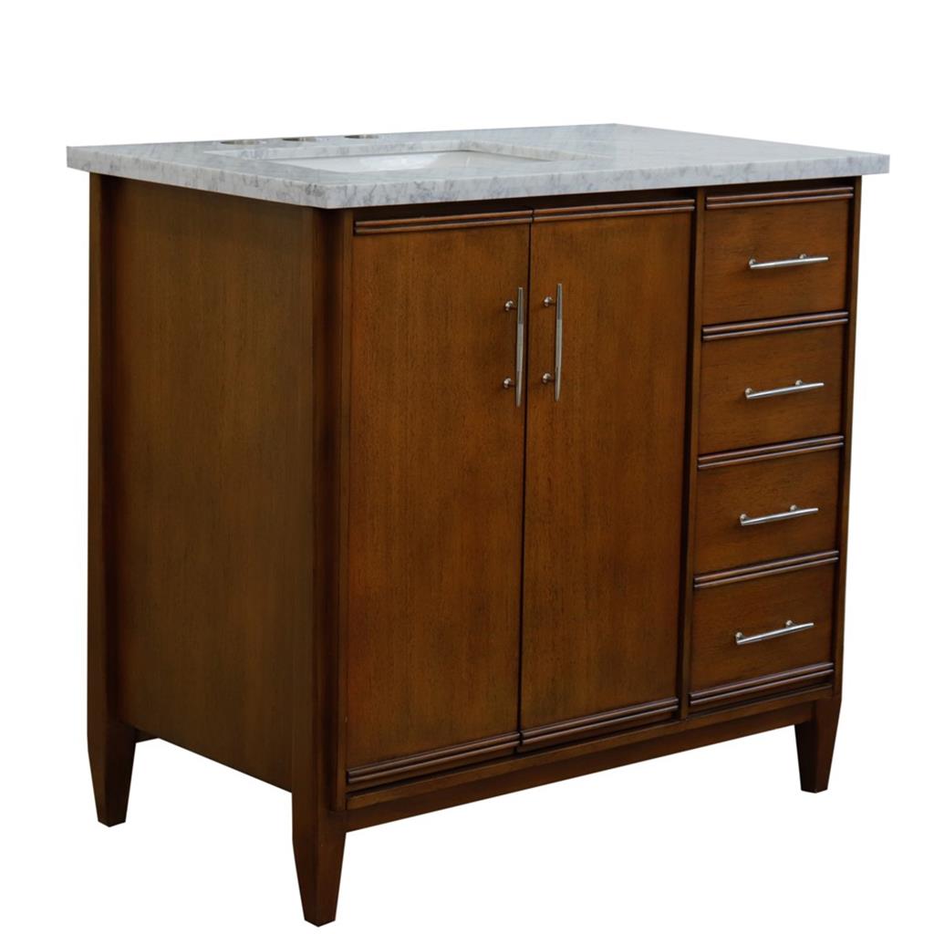 Bellaterra MCM 37" Single Vanity, Walnut, White Carrara Marble Top/Rectangle Sink, Left Door/Left Sink