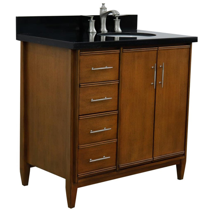 Bellaterra MCM 37" Single Vanity, Walnut, Black Galaxy Granite Top/Oval Sink, Right Door/Right Sink