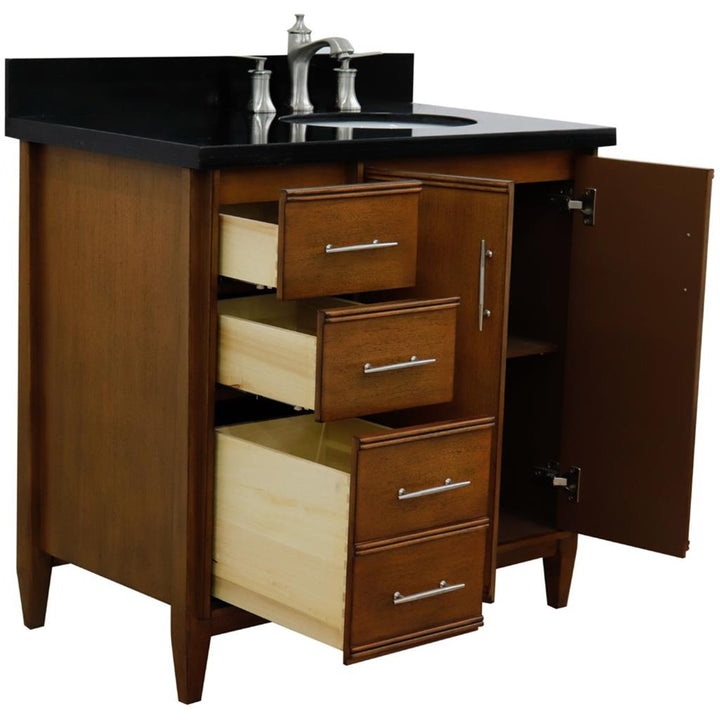 Bellaterra MCM 37" Single Vanity, Walnut, Black Galaxy Granite Top/Oval Sink, Right Door/Right Sink