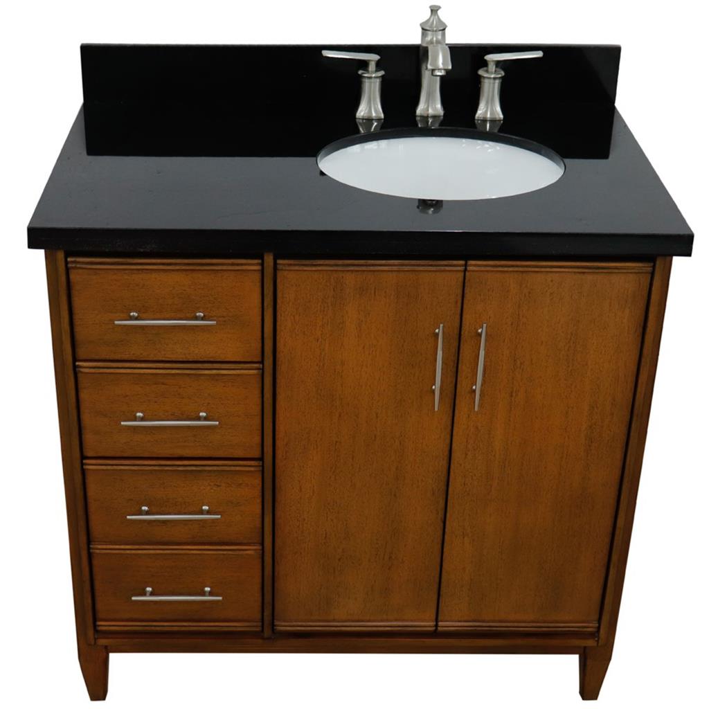 Bellaterra MCM 37" Single Vanity, Walnut, Black Galaxy Granite Top/Oval Sink, Right Door/Right Sink