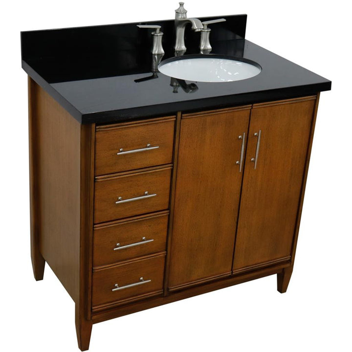 Bellaterra MCM 37" Single Vanity, Walnut, Black Galaxy Granite Top/Oval Sink, Right Door/Right Sink