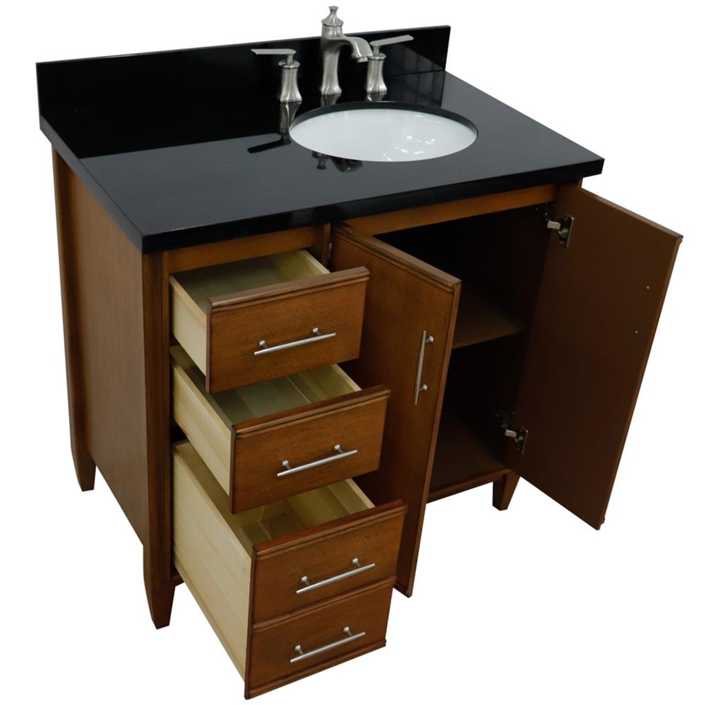 Bellaterra MCM 37" Single Vanity, Walnut, Black Galaxy Granite Top/Oval Sink, Right Door/Right Sink