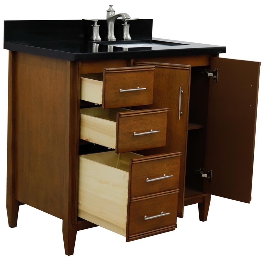 Bellaterra MCM 37" Single Vanity, Walnut, Black Galaxy Granite Top/Rectangle Sink, Right Door/Right Sink