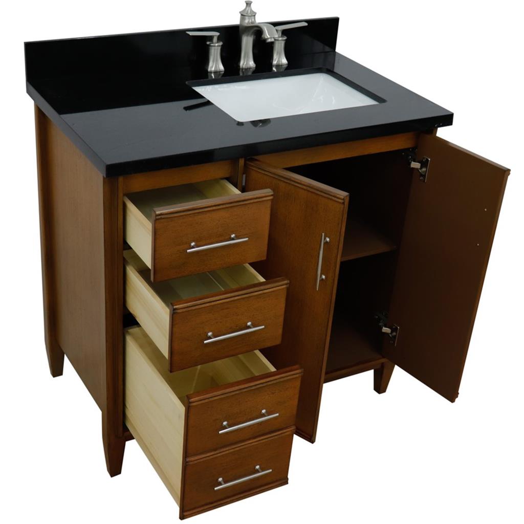 Bellaterra MCM 37" Single Vanity, Walnut, Black Galaxy Granite Top/Rectangle Sink, Right Door/Right Sink