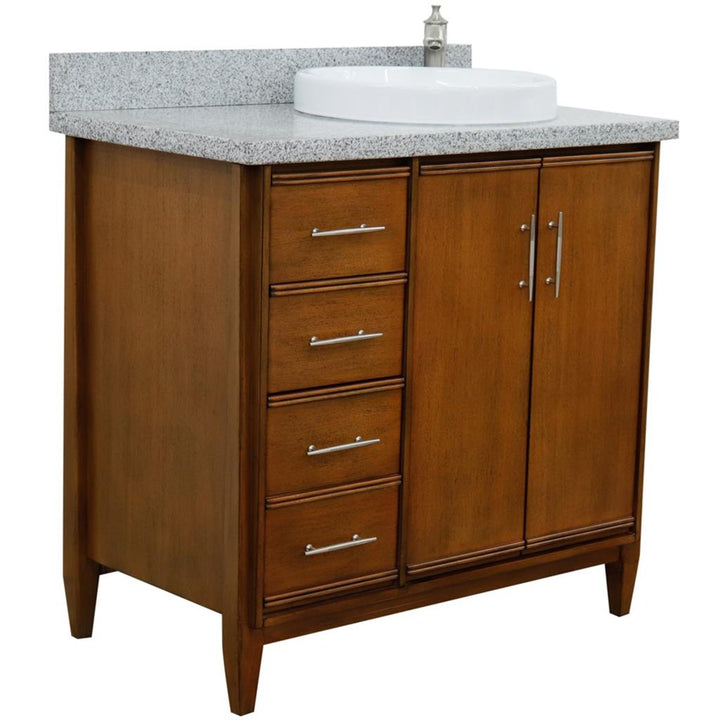 Bellaterra MCM 37" Single Vanity, Walnut, Gray Granite Top/Round Sink, Right Door/Right Sink