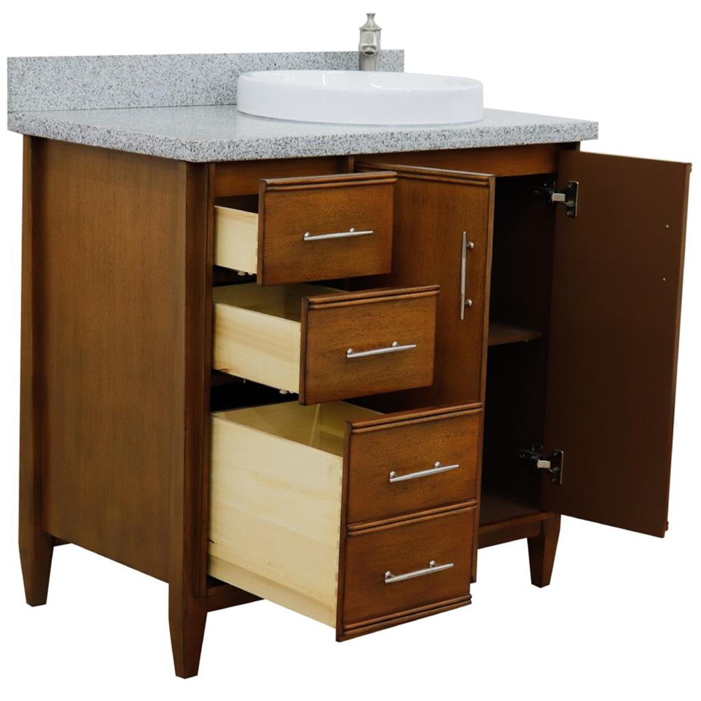 Bellaterra MCM 37" Single Vanity, Walnut, Gray Granite Top/Round Sink, Right Door/Right Sink