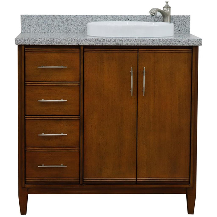 Bellaterra MCM 37" Single Vanity, Walnut, Gray Granite Top/Round Sink, Right Door/Right Sink