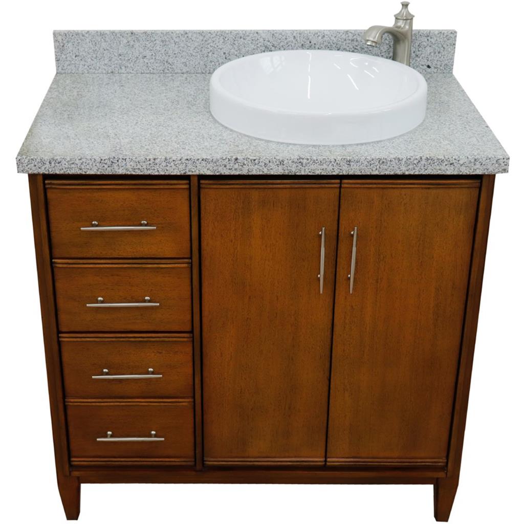 Bellaterra MCM 37" Single Vanity, Walnut, Gray Granite Top/Round Sink, Right Door/Right Sink