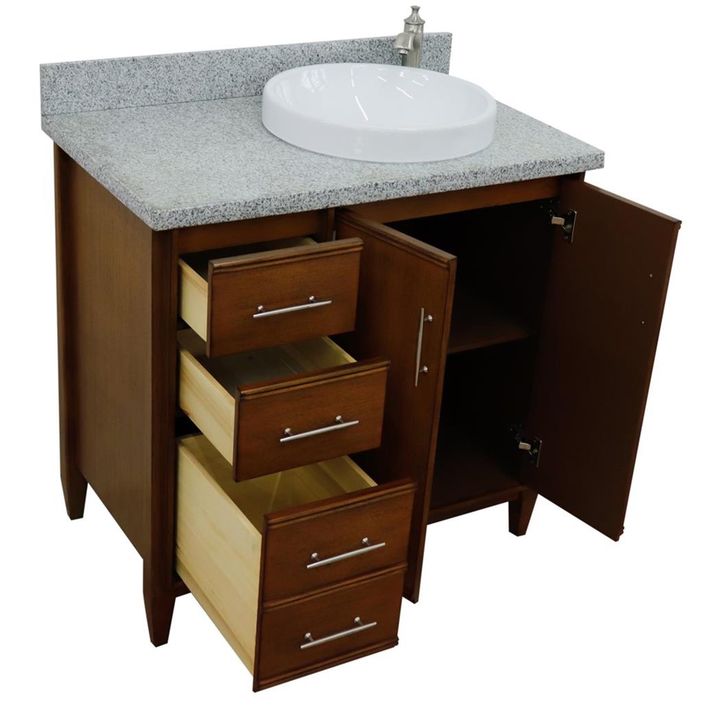 Bellaterra MCM 37" Single Vanity, Walnut, Gray Granite Top/Round Sink, Right Door/Right Sink