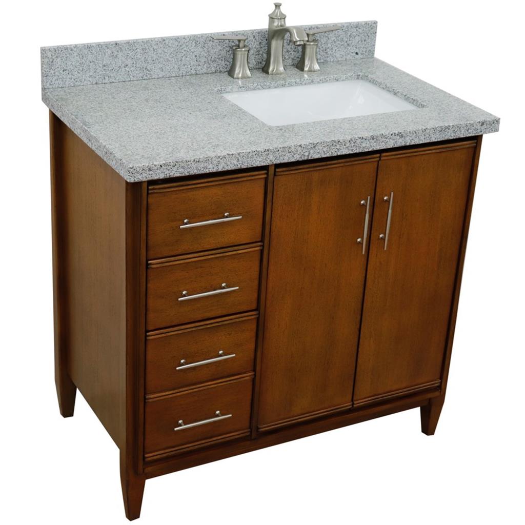 Bellaterra MCM 37" Single Vanity, Walnut, Gray Granite Top/Rectangle Sink, Right Door/Right Sink