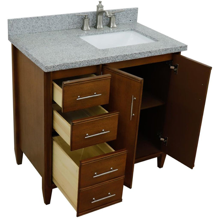 Bellaterra MCM 37" Single Vanity, Walnut, Gray Granite Top/Rectangle Sink, Right Door/Right Sink