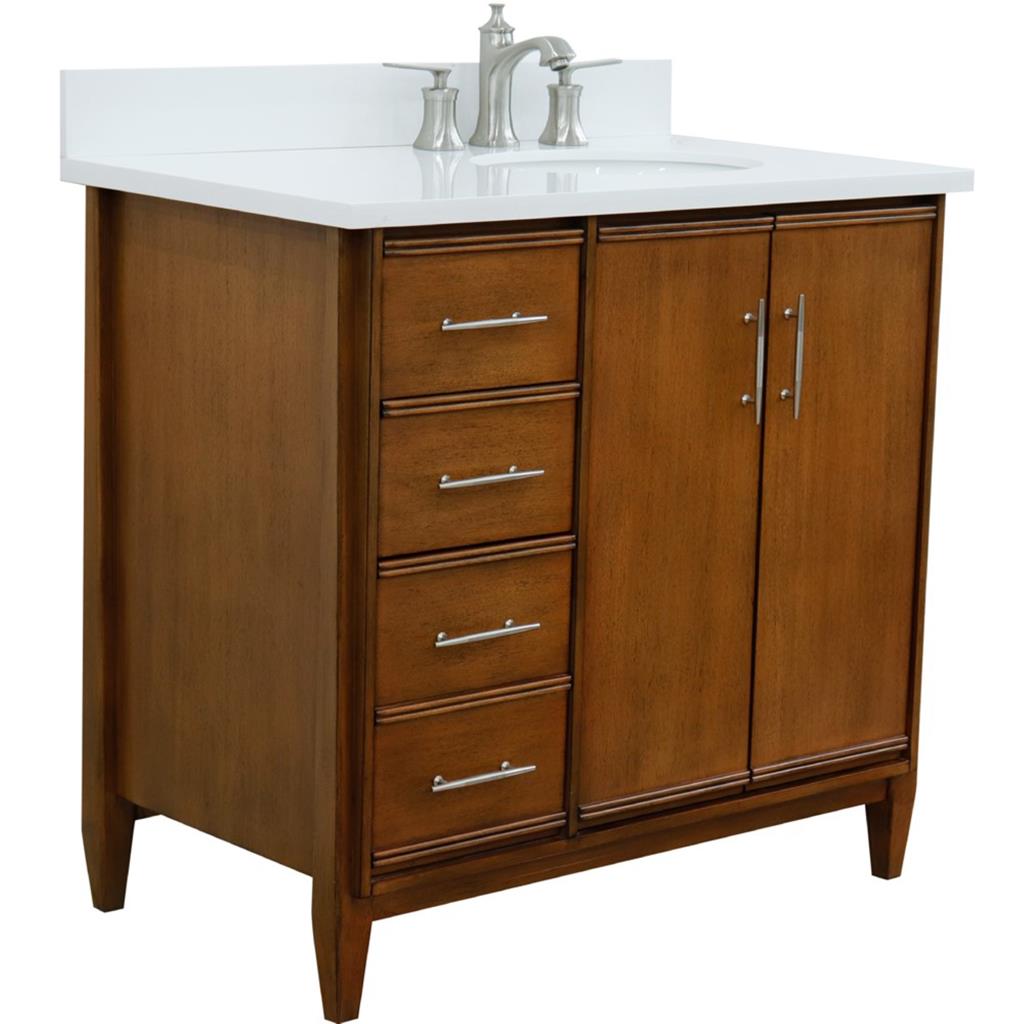 Bellaterra MCM 37" Single Vanity, Walnut, White Quartz Top/Oval Sink, Right Door/Right Sink