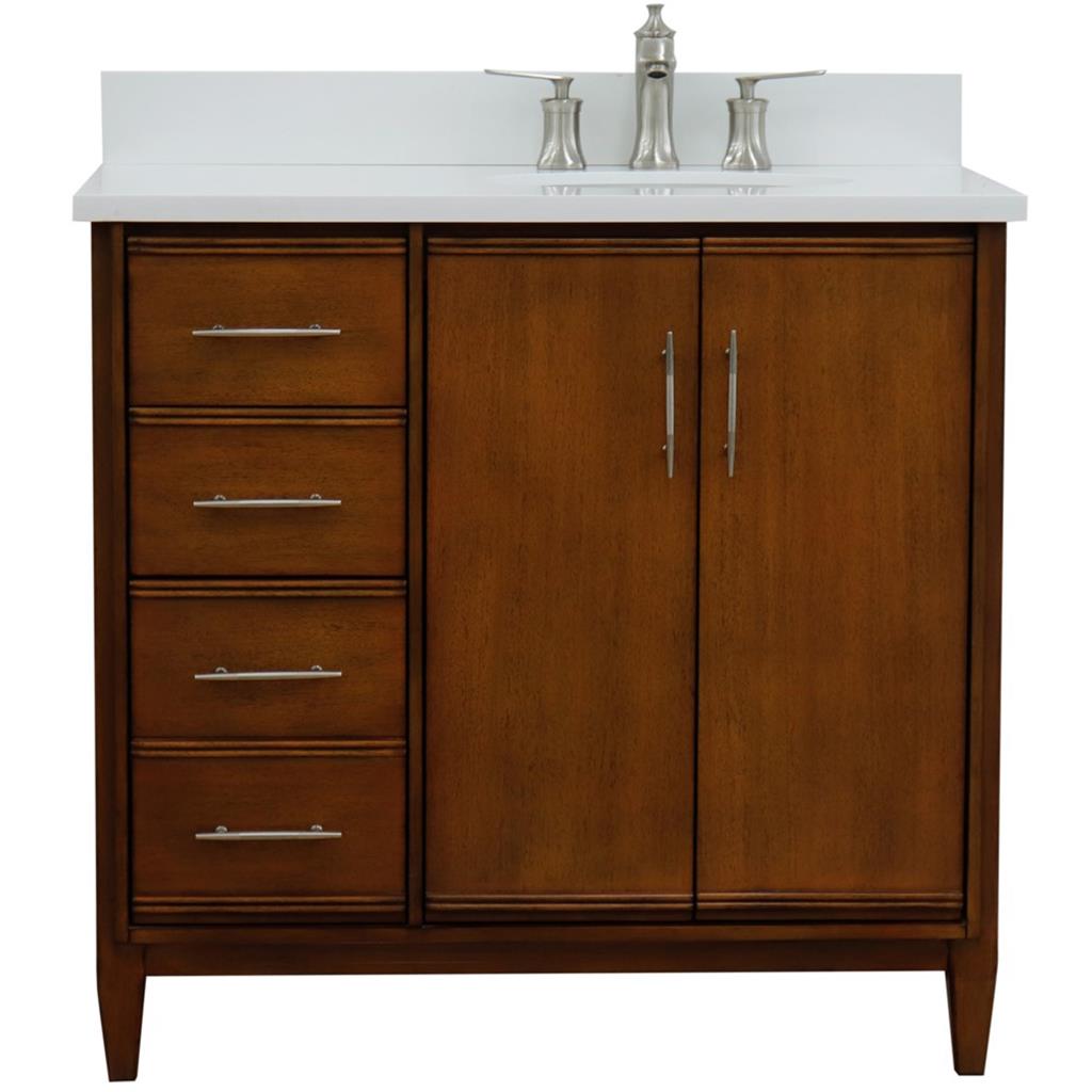 Bellaterra MCM 37" Single Vanity, Walnut, White Quartz Top/Oval Sink, Right Door/Right Sink