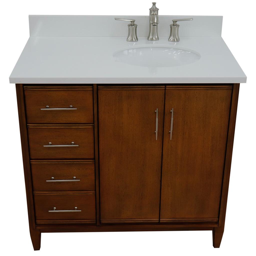 Bellaterra MCM 37" Single Vanity, Walnut, White Quartz Top/Oval Sink, Right Door/Right Sink