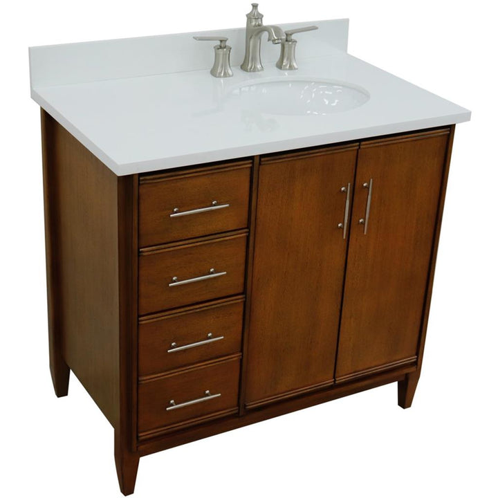 Bellaterra MCM 37" Single Vanity, Walnut, White Quartz Top/Oval Sink, Right Door/Right Sink