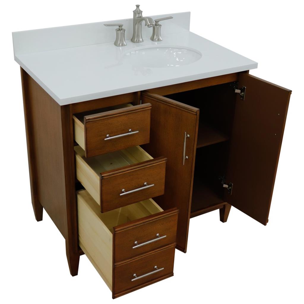 Bellaterra MCM 37" Single Vanity, Walnut, White Quartz Top/Oval Sink, Right Door/Right Sink