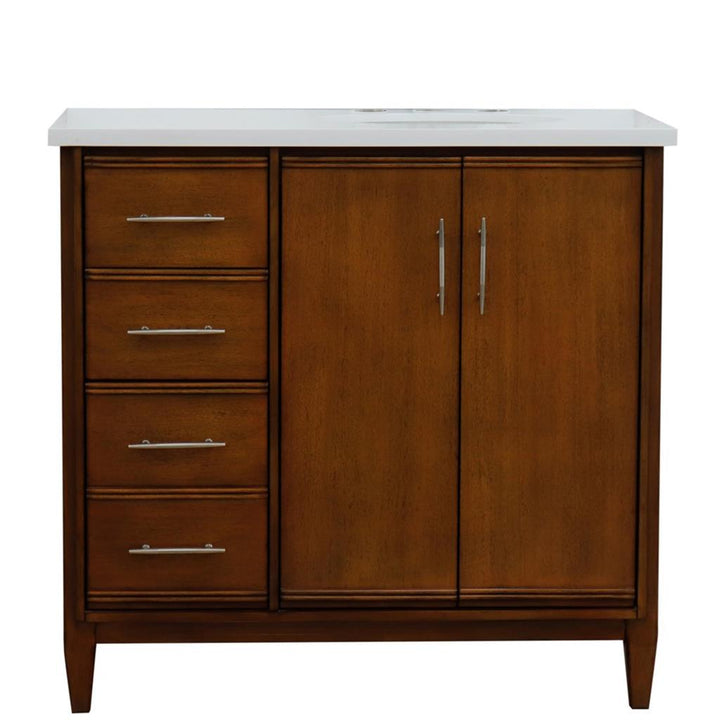 Bellaterra MCM 37" Single Vanity, Walnut, White Quartz Top/Oval Sink, Right Door/Right Sink