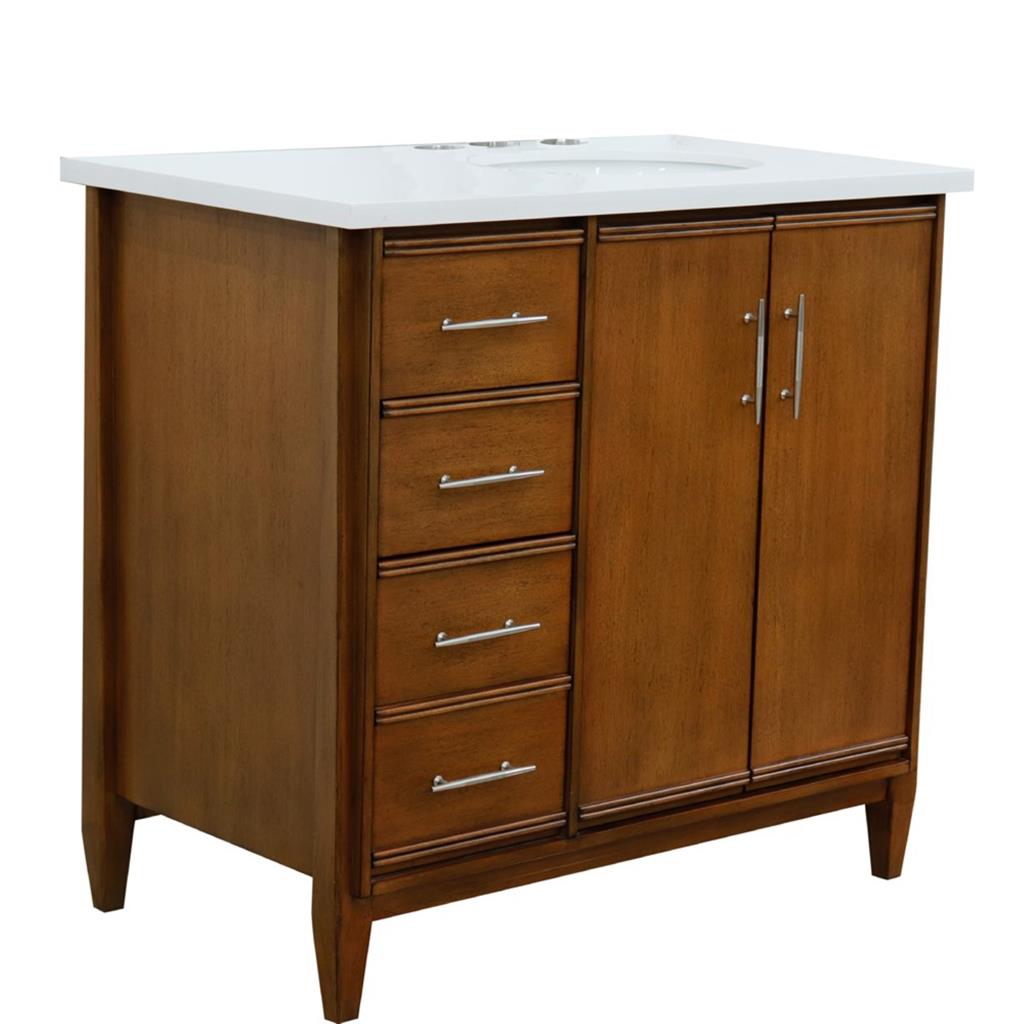 Bellaterra MCM 37" Single Vanity, Walnut, White Quartz Top/Oval Sink, Right Door/Right Sink