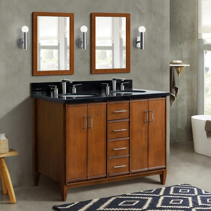 Bellaterra MCM 49" Double Vanity, Walnut, Black Galaxy Granite Top/Oval Sink