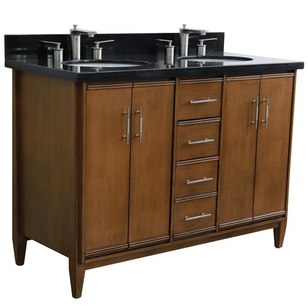 Bellaterra MCM 49" Double Vanity, Walnut, Black Galaxy Granite Top/Oval Sink