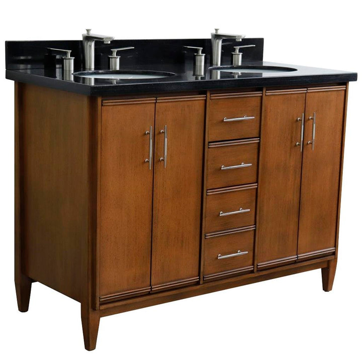 Bellaterra MCM 49" Double Vanity, Walnut, Black Galaxy Granite Top/Oval Sink