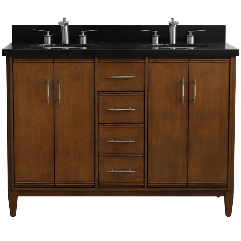 Bellaterra MCM 49" Double Vanity, Walnut, Black Galaxy Granite Top/Oval Sink