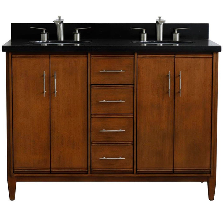 Bellaterra MCM 49" Double Vanity, Walnut, Black Galaxy Granite Top/Oval Sink