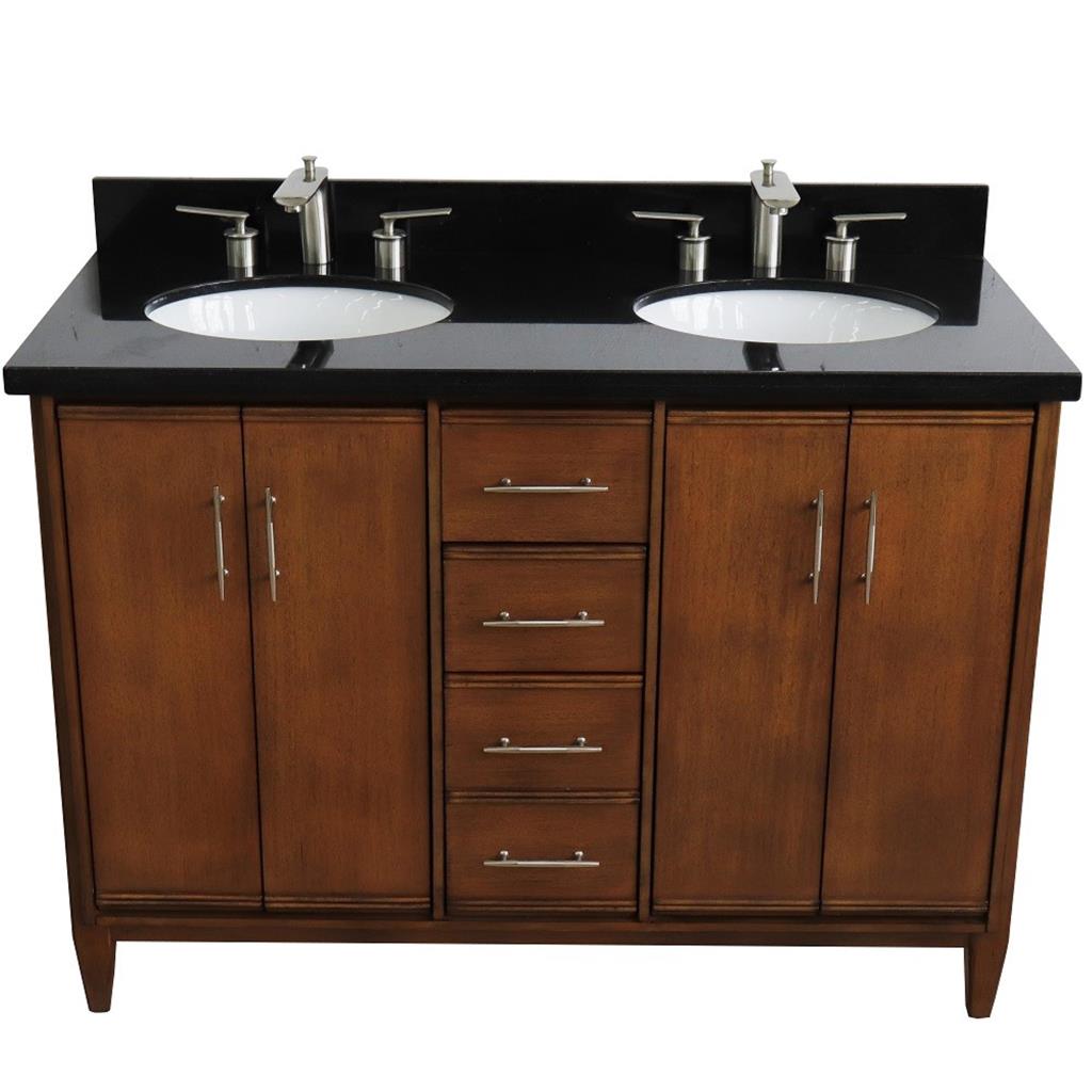 Bellaterra MCM 49" Double Vanity, Walnut, Black Galaxy Granite Top/Oval Sink