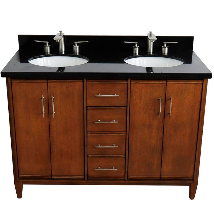 Bellaterra MCM 49" Double Vanity, Walnut, Black Galaxy Granite Top/Oval Sink