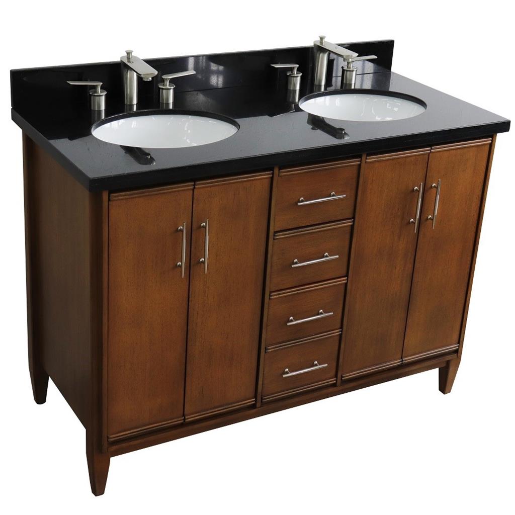 Bellaterra MCM 49" Double Vanity, Walnut, Black Galaxy Granite Top/Oval Sink