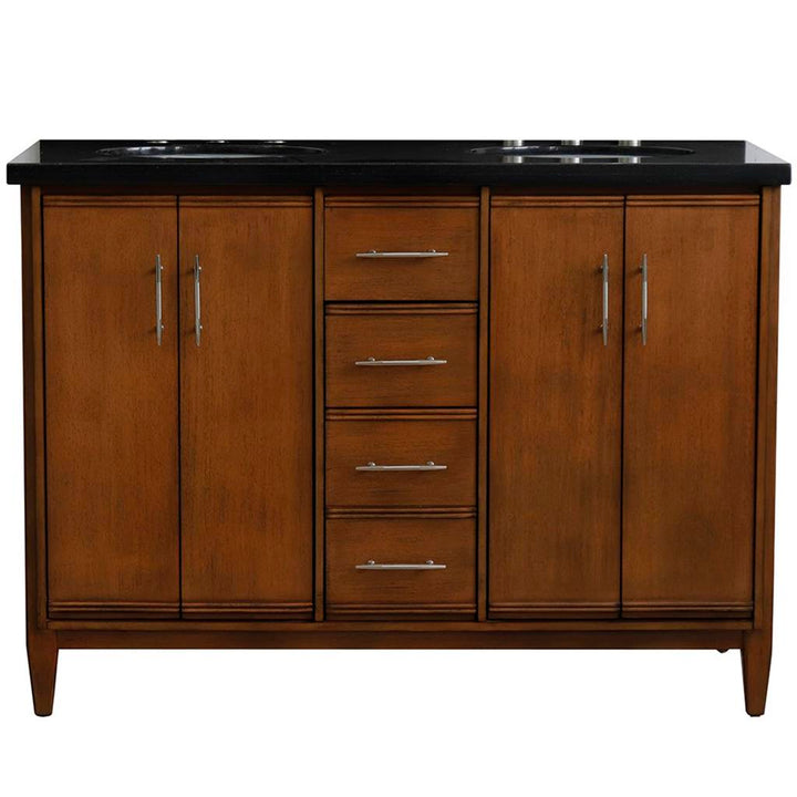 Bellaterra MCM 49" Double Vanity, Walnut, Black Galaxy Granite Top/Oval Sink