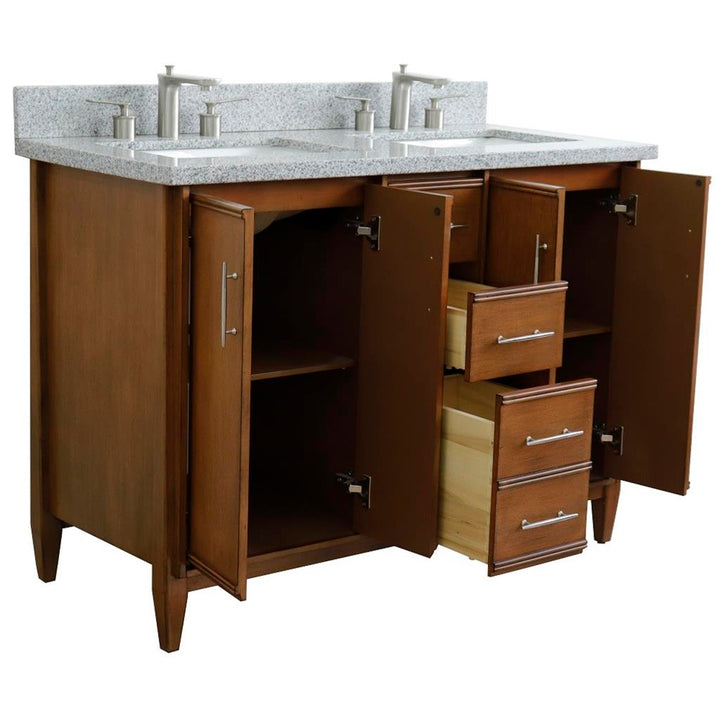 Bellaterra MCM 49" Double Vanity, Walnut, Gray Granite Top/Rectangle Sink