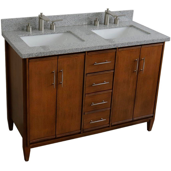 Bellaterra MCM 49" Double Vanity, Walnut, Gray Granite Top/Rectangle Sink